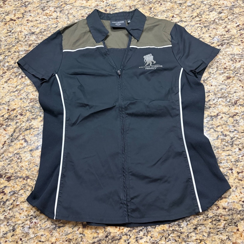 Harley-Davidson Wounded Warrior Project Womens Black Olive Zip Up Shirt Large ws